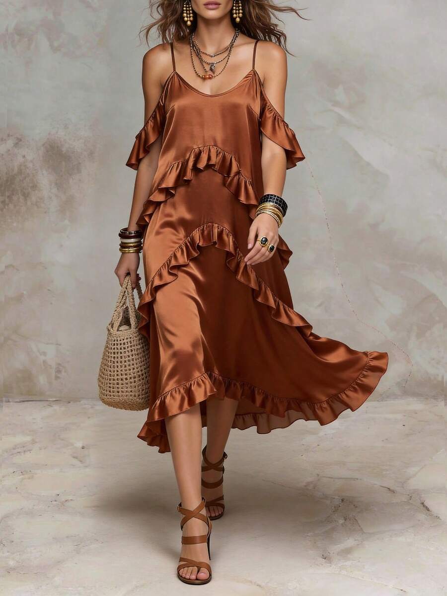 Solivie Vestido casual de férias feminino de cor lisa com bainha com folhos - Castanho - Ver 1