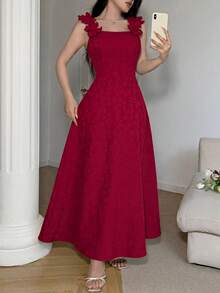 Feyla Elegant Red Women's Long Dress With Floral Shoulder Straps Square Neck And Subtle Printed Design For Special Occasions - Burgundy - View 9