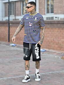 Devon Thys Kaos Lengan Pendek Pria Motif Kartun Garis Biru & Kuning, Atasan Kasual Motif Kelinci Garis Warna Kontras - MultiWarna - View 1