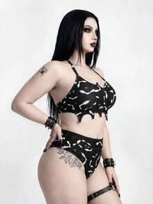 ROMWE Goth 2026新款夏季海灘度假性感暗黑龐克蝙蝠動物印花大尺碼泳衣套裝 - 黑色 - 查看 2