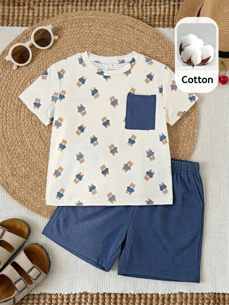 SHEIN Young Boy Coconut Tree Pattern Short Sleeve Pullover And Solid Color Shorts 2-Piece Set - Multicolor - View 1