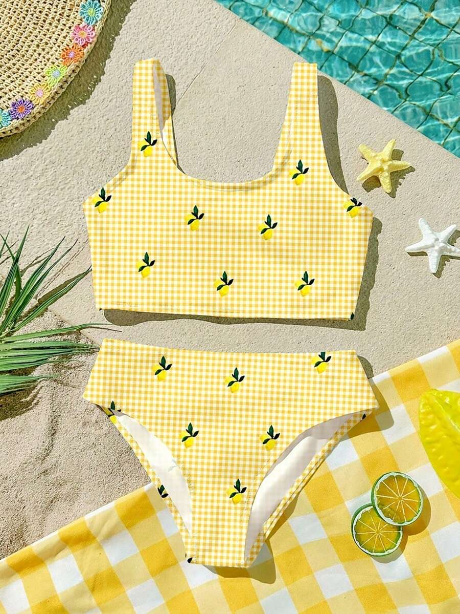 Vintage Creme Zitronenbaum Muster Gingham Muster Badeanzug Set, Lässiges Minimalistisches Camisole Und Bikini Unterteil, Geeignet Für Sommer Strandurlaub, Fotoshooting, Kleine Mädchen - Verschiedenfarbig - Übersicht 1