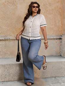 Elaquor Plus Size Contrast Color Trim Short Sleeve Knit Top Fall/Winter - Beige - View 5