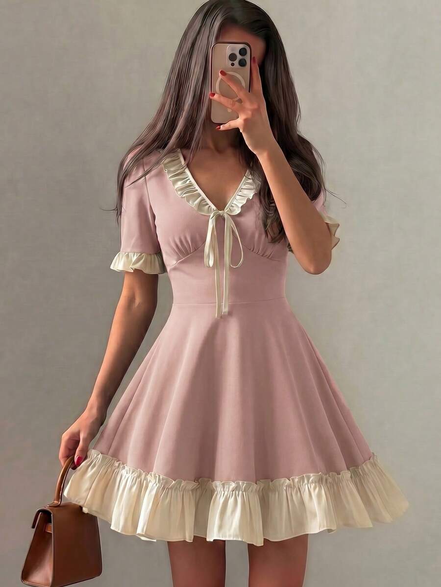 Mulvari Women's Spring/Summer Knit Black Short Sleeve Mixed Woven Ruffle Waist A-Line Elegant Romantic Dress Summer Dresses - Dusty Pink - View 1
