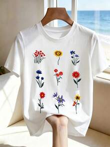 Franclia 女款花卉刺繡休閒百搭圓領短袖T恤 - 白色 - 查看 3
