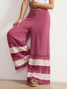 Bohemela Pantalones casuales holgados con estampado floral pequeño y ribete de encaje en contraste para mujer - Rojo - Ver 4