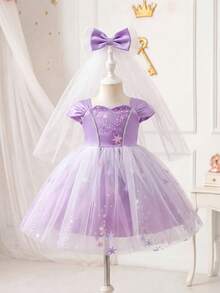 SHEIN Glamorique Kids Baby Girl Princess Dress, Birthday Party, Wedding Holiday, Ball Gown, Purple Tulle Princess Dress, Star Print, All Seasons, Makes Her Look More Cute And Playful, Prom Dresses, Graduation Dresses, Summer Dress - Purple - View 5