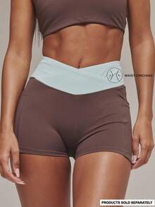 Musera Sport Contrast Cross Over Waistband Active Shorts Sports Workout Gym Pilates Fitness Daily Casual Aqua - Brown - View 1