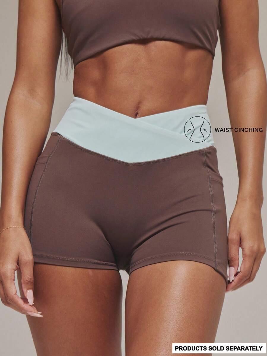 Musera Sport Contrast Cross Over Waistband Active Shorts Sports Workout Gym Pilates Fitness Daily Casual Aqua - Brown - View 1