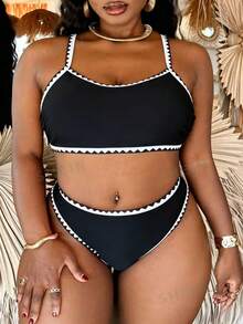 Slaydiva Conjunto de Traje de Baño de 2 Piezas Talla Grande 2026 Nuevo, Atuendo de Vacaciones de Verano en la Playa para Mujeres - Negro - Ver 6