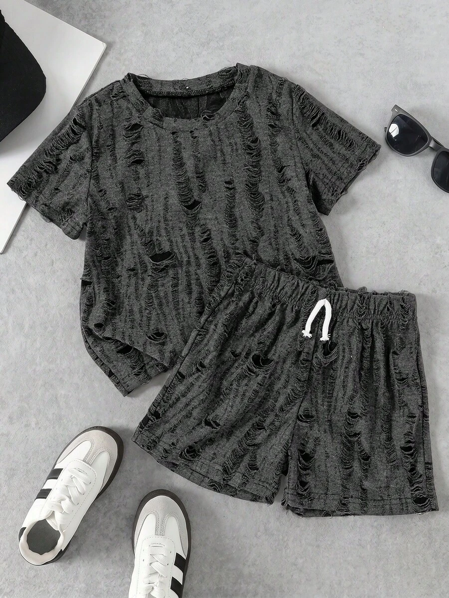 Young Boy T-Shirt Set Loose Straight Leg Basic Crew Neck Short Sleeve, Fabric With Distressed/Hollowed Out Texture Treatment, Asymmetric Wear, Frayed Edges And Hollowed Out Texture Make The Basic Dark Gray Fabric Instantly Have A Vintage Street Style, With A Brand Design Sense, Bottoms Are Loose Straight Leg Shorts, Shorts Also Continue The Same Style As The Top - Black - View 1