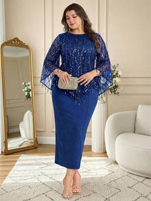 Modelyn Set 2 Potong Elegan untuk Wanita Ukuran Plus dengan Atasan dan Gaun Model Batwing Jala Berpayet - Royal Blue - View 3