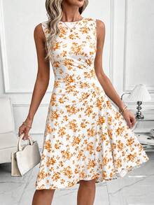 SHEIN Clasi Váy nữ họa tiết hoa cổ tròn xếp ly phong cách thường ngày không tay - trái cam - Xem 3