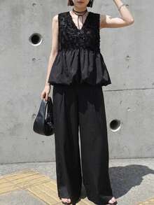 FRIFUL Women's French Style Lace Patchwork Camisole And Casual Pants 2 Pieces Set Summer - Black - View 1