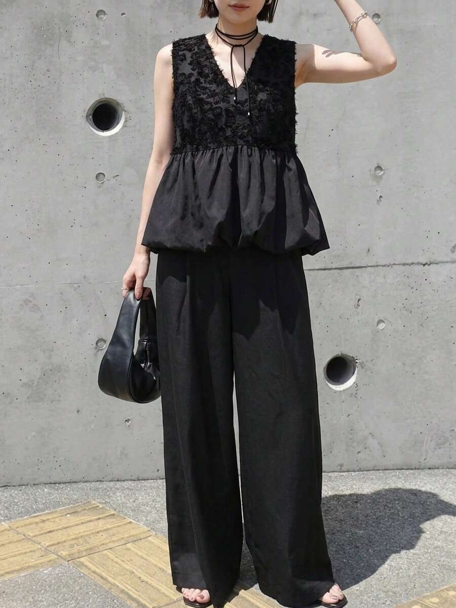 FRIFUL Women's French Style Lace Patchwork Camisole And Casual Pants 2 Pieces Set Summer - Black - View 1