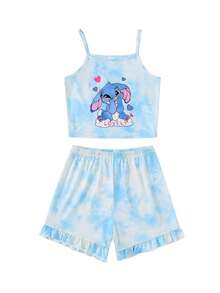 4pcs/Set Girls Cute Cartoon Otter, Teddy Bear, Heart, Number 67, Rabbit, Tie-Dye Gradient, Solid Color, Cartoon Print Sleeveless Camisole Top With Ruffled Hem Shorts Pajama Set, Comfortable Soft Knit Fabric, Casual Daily Wear For Spring/Summer - Multicolor - View 8