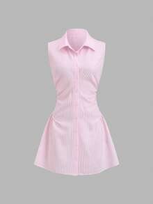 Sweetra Französisches sanftes Preppy-Stil rosa gestreifter Stoff einzigartiges ärmelloses Knopfdesign minimalistisch sexy elegant Dame elegant Sommer süß verspielt Stehkragen exquisite taillierte schlankmachende Damen Kurz Kleid - Pink - Übersicht 1