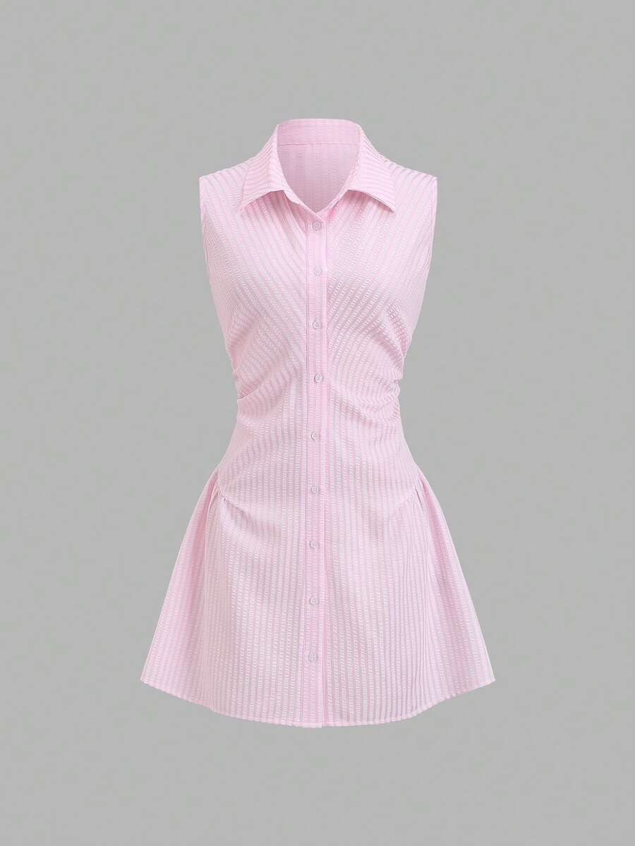 Sweetra Französisches sanftes Preppy-Stil rosa gestreifter Stoff einzigartiges ärmelloses Knopfdesign minimalistisch sexy elegant Dame elegant Sommer süß verspielt Stehkragen exquisite taillierte schlankmachende Damen Kurz Kleid - Pink - Übersicht 1