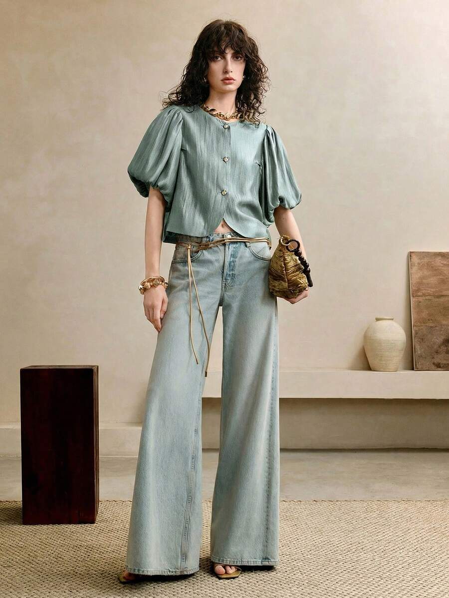 Arave 女款夏季鼠尾草綠優雅茶會絲綢圓領燈籠袖裝飾扣上衣休閒都市高品質短袖上衣 - 薄荷綠 - 查看 1