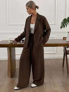 Livesso Solid Color Minimalist Casual Linen Vacation Style Blazer Suit Set For Women, 2 Pieces Office Dark Brown Autumn - Coffee Brown - View 4