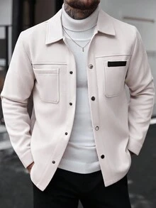Manfinity CasualCool 男士纯色休闲长袖大衣，适合秋冬季节穿着，米白色纽扣大衣 - 杏色 - 查看 4