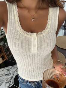 DAZY Camiseta sin mangas de ajuste ceñido de unicolor con parches de encaje y acanalado, para uso en verano - Albaricoque - Ver 3