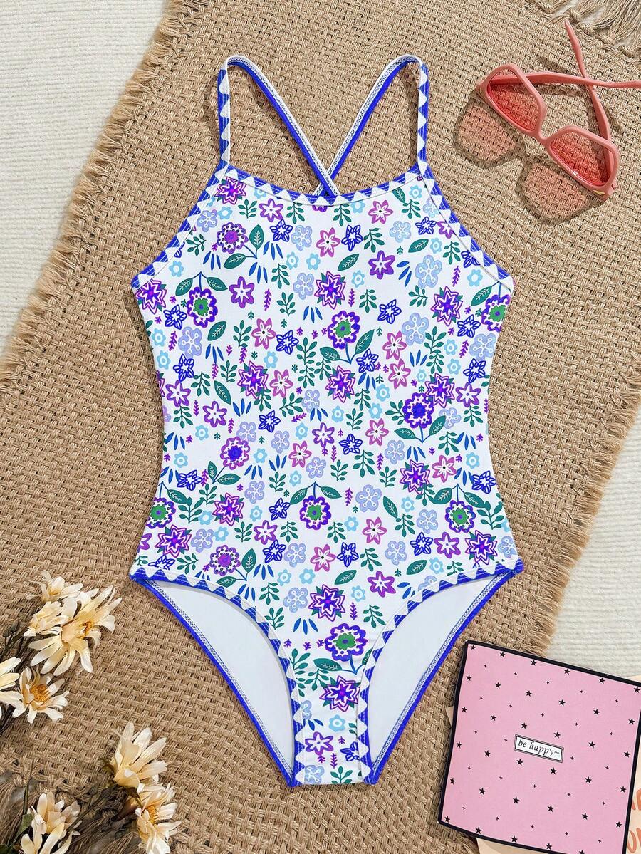 SHEIN 少女花卉泳衣,白色波希米亞風夏季度假花朵印花單肩可調式細肩帶背心上衣高腰比基尼套裝,1件裝 - 淡紫色 - 查看 1