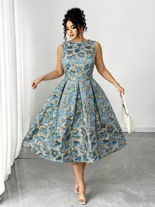Rometta Plus Size  Summer Elegant Royal Blue Jacquard Foil Embossed A-Line Sleeveless Maxi Dress,Winter Wedding Princess Square Neck Floral Party Ball Gown - Dusty Blue - View 6