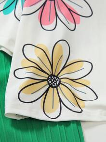 2件/套 女童花卉滿版印花T恤與高腰紋理寬腿褲套裝 - 彩色 - 查看 3
