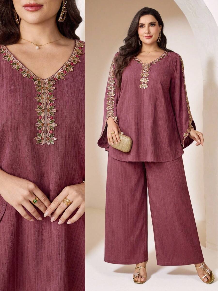 Veilorie Plus Size Women V-Neck Ruffle Splice Flare Sleeve Top And Wide Leg Pants Casual Daily 2 Pieces Set - Red - View 1