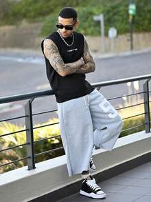Devon Thys Manfinity Streetrush Men's Street Style Badge Graphic Print Drawstring Waist Casual Sweatpants, Loose Fit Joggers For Outdoor Wear, Suitable Gift For Husband/Boyfriend - Grey - View 1