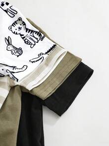 4pcs Baby Boy/Girl Cute Knitted Cartoon Giraffe, Rabbit, Tiger, Crocodile Pattern Elastic Striped Short Sleeve Rompers Basic Bodysuit Set - Multicolor - View 4