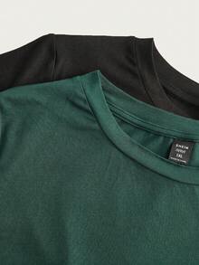 SHEIN EZwear 4pcs Plus Size Solid Color Set - 2 Short Sleeve Tops + 2 Knee Length Shorts - Dark Green - View 5