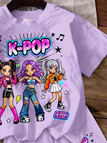 Young Girl Round Neck Letter Cartoon Print Short Sleeve T-Shirt And Shorts Casual Daily Set - Multicolor - View 6