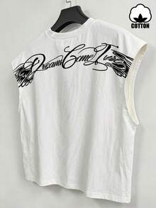Manfinity ZONE917 Men Boxy Cropped Casual Fashion Cursive English Angel Wings Art Print White Short All-Cotton Tank Top, Holiday - Multicolor - View 5