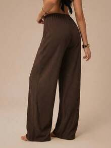 SHEIN PETITE CURVE Quần ống rộng cỡ lớn, màu trơn, cạp chun, kiểu dáng thường ngày. - màu nâu - Xem 2