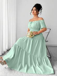 Elenzga Plus Size Women's Spring/Summer Elegant Exquisite Elastic Off-Shoulder Waist-Cinched Patchwork Short Sleeve Dress - Green - View 4