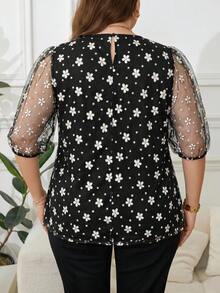 Reflora Plus Size Women's Blouse, Suitable For All Seasons, 3/4 Sleeve, Daisy Floral Print, Round Neck, Elegant, Romantic, Casual Wear - Black - View 3