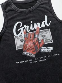 SHEIN 青少年男孩美式時尚黑色背心,無袖寬鬆上衣,柔軟親膚,Hustle勵志字母印花,適合都市街頭與日常穿著,適用於春夏季、日常、運動、出遊、學校、派對、節慶、拍照 - 黑色 - 查看 3