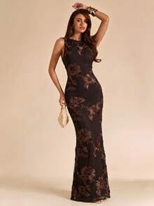 SHEIN BAE Solid Yellow Textured Jacquard Sleeveless Slim Fit Dress, Elegant For Brunch, Wedding Guest Attire, Cocktail Party, Vacation Beach Dress - Coffee Brown - View 5