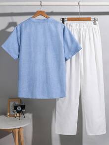 SHEIN Teen Boys Casual V-Neck Short Sleeve Shirt And Shorts Set, Comfortable, Fashionable, Versatile, Soft Fabric, Suitable For Daily Wear, School, Outings, Music Festivals, Holidays, Parties, Summer Beach Vacations, Summer Vibes, Festivals Boys Blue Short Set Boy Linen Outfit Boys Sky Blue And White Sets Boys Summer Outfit Preppy - Multicolor - View 3