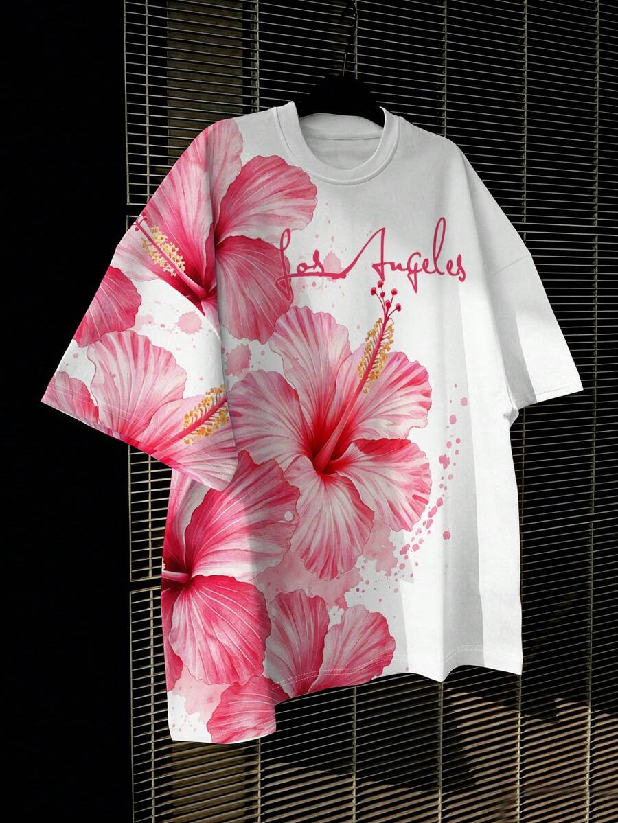 Manfinity Roghcode Men's Letter & Floral Print Crew Neck Short Sleeve Casual T-Shirt - Multicolor - View 1