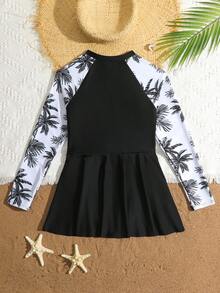 SHEIN 青少年女孩一件式拉鍊前襟花卉短袖側板泳衣，時尚休閒優雅成熟淑女風，適合游泳與夏季度假 - 黑與白 - 查看 2