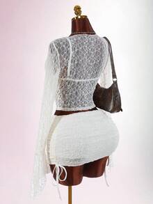 Amplova Conjunto de 2 piezas de lencería sexy con top de encaje y camiseta de corte bajo para vacaciones románticas de primavera - Albaricoque - Ver 5