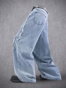 Manfinity Denimwave Quần jean ống rộng unisex phong cách streetwear phối patchwork, đính cánh, gấu sờn - Màu xanh lam - Xem 4