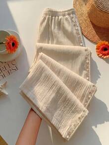 Comfortcana Quần ống rộng dáng suông, màu trơn, chất liệu vải nhăn, có dây rút, thích hợp cho kỳ nghỉ hè, cỡ lớn. - Màu be - Xem 8
