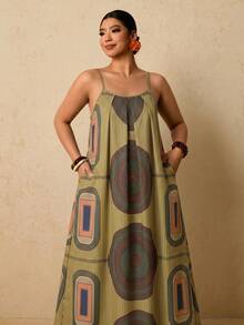 Travachic Plus Size Vacation Casual Striped Geometric Print Spaghetti Strap Dress - Multicolor - View 7