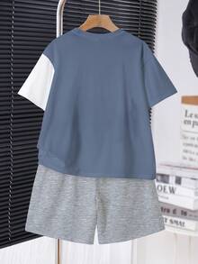 Tween Boy Casual Comfortable Fashion Minimalist Crew Neck Short Sleeve T-Shirt And Shorts Set, Classic "BRAVE" Text And Retro Color Block Graphic Print, Suitable For Spring/Summer, School, And Street Wear - Multicolor - View 2