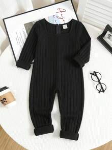 SHEIN Young Girl Knit Solid Color Square Neck Fitted Casual Jumpsuit - Black - View 7