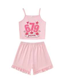 4pcs/Set Girls Cute Cartoon Otter, Teddy Bear, Heart, Number 67, Rabbit, Tie-Dye Gradient, Solid Color, Cartoon Print Sleeveless Camisole Top With Ruffled Hem Shorts Pajama Set, Comfortable Soft Knit Fabric, Casual Daily Wear For Spring/Summer - Multicolor - View 9